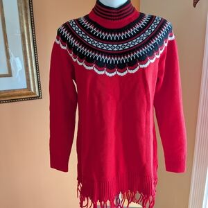 Isaac Mizrahi Live Mock Neck Fair Isle Sweater Fringe Hem Size M